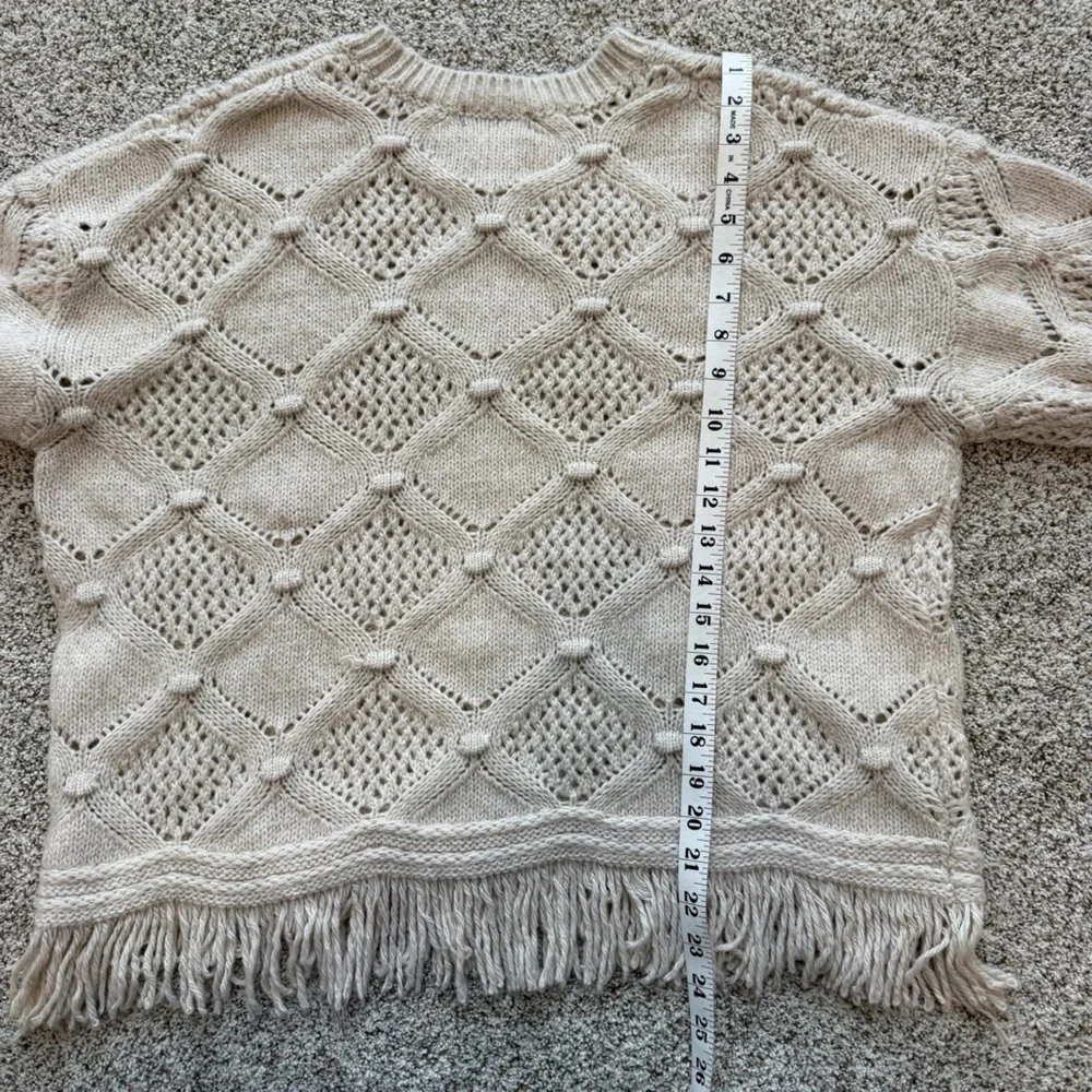 Frye Oatmeal Heather Knit Fringe Sweater | Boho Chunky Textured Pullover Large - Picture 10 of 11